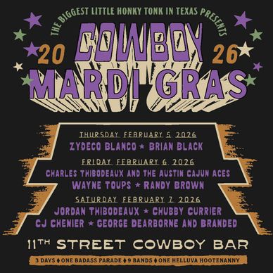 Cowboy Mardi Gras 2026 event poster — 11th Street Cowboy Bar